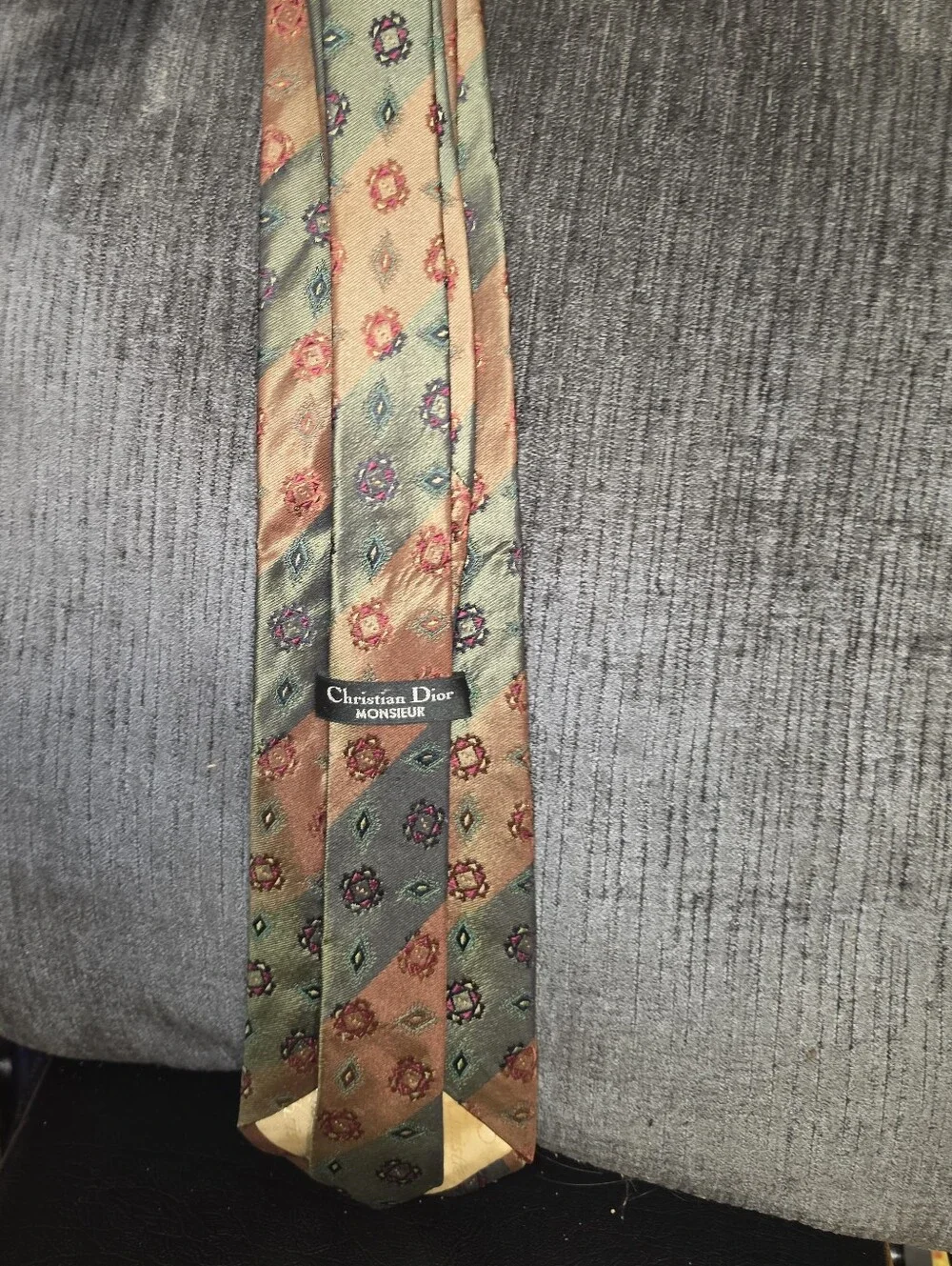 Christian Dior Striped Medallion Silk Tie in Green and Brown